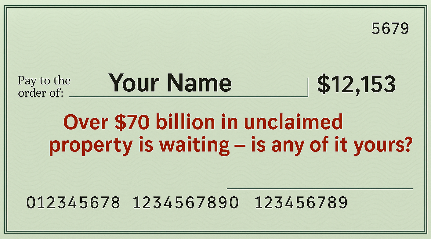 Sample check showing 'Pay to the order of Your Name' and amount, with caption about unclaimed property.